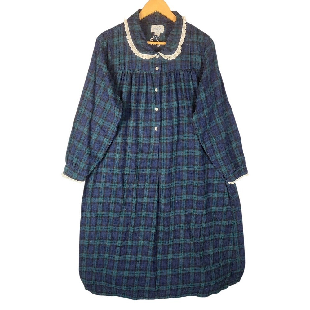Lanz of Salzburg Nightgown Size L Navy Green Tartan Plaid Flannel Long